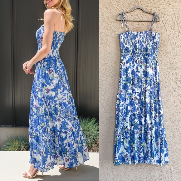 HAILEY & CO Blue White Purple & Green Floral Printed Smocked Tiered Maxi Dress L - Picture 4 of 13